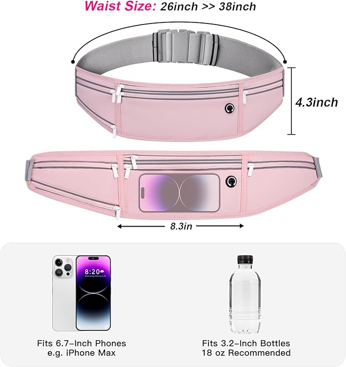 Slim Running Belt for Women Men,Runners Fanny Pack Phone Holder,Money Belt,Running Gear Accessories,with 3 Pockets (Jet Pink)