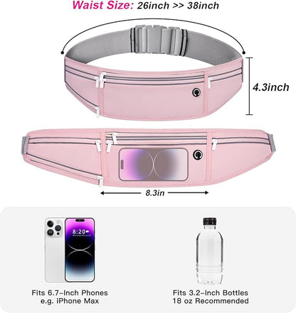 Slim Running Belt for Women Men,Runners Fanny Pack Phone Holder,Money Belt,Running Gear Accessories,with 3 Pockets (Jet Pink)