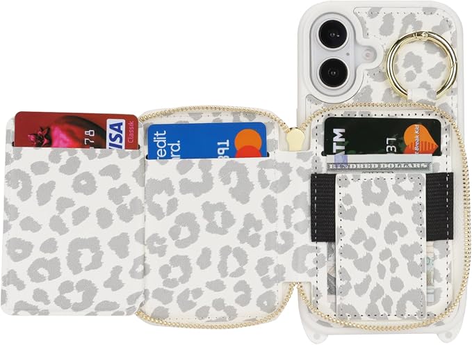 Crossbody Wallet Case for iPhone 17, PU Leather Zipper Handbag Purse Flip Cover, Kickstand Folio Case with Card Slots Holder Wrist Strap Lanyard 5G 6.3 Inch-White Leopard