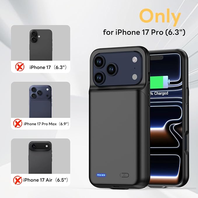 Battery Case for iPhone 17 Pro, Ultra-Slim 7000mAh Portable Extended Charging Charger Case, Rechargeable Battery Pack with Tempered Glass Screen Protector Glass Film for iPhone 17 Pro (6.3 inch)-Black