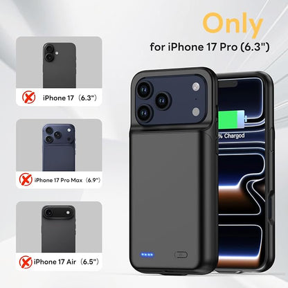 Battery Case for iPhone 17 Pro, Ultra-Slim 7000mAh Portable Extended Charging Charger Case, Rechargeable Battery Pack with Tempered Glass Screen Protector Glass Film for iPhone 17 Pro (6.3 inch)-Black