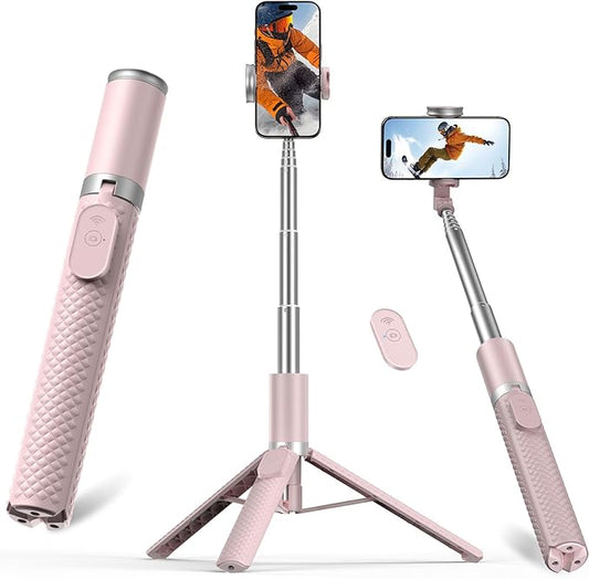 Phone Tripod & Selfie Stick with Remote, Portable, Lightweight for Video Recording Vlog, Extendable Travel Tripod Stand Compatible with iPhone Android, Pink, 62"