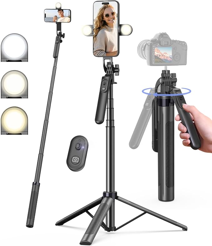 71" Phone Tripod,Tripod for iPhone with Fill Light and Rechargeable Remote,Aluminum Selfie Stick Phone Stand Compatible with Cell Phone/Camera/Ring Light/DJI/GoPro
