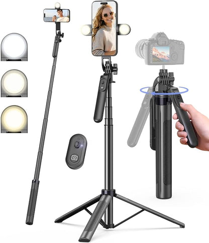 71" Phone Tripod,Tripod for iPhone with Fill Light and Rechargeable Remote,Aluminum Selfie Stick Phone Stand Compatible with Cell Phone/Camera/Ring Light/DJI/GoPro