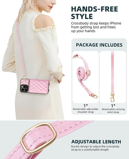 OCASE Compatible with iPhone 16 Pro Max Crossbody Wallet Case with Card Holder, PU Leather Zipper Handbag Phone Purse with RFID Blocking Kickstand Wrist Strap Lanyard 6.9 Inch, Diamond Check Pink
