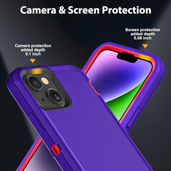 for iPhone 14 Plus Case with 2Pcs Tempered Glass Screen Protector and 1Pcs Camera Lens Protector, Military Grade 3 in 1 Heavy Duty Shockproof/Drop Proof/Dust Proof Case (Purple/Pink)