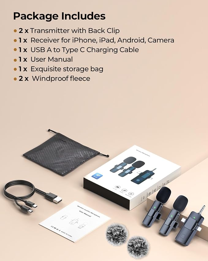 3-in-1 Microphone for iPhone, Android, Camera, Wireless Microphones, Mini Microphone, Lapel Mic with Noise Reduction, Crystal Clear Sound & 7H Battery for Recording, YouTube, Podcast