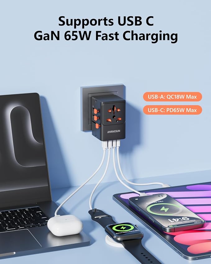 Universal Travel Adapter, International Power Adapter with 2 USB C (GaN 65W) 2 USB A Ports, All in One Worldwide Plug Adapter, Travel Essentials for USA to Europe UK Germany Italy Australia, Black