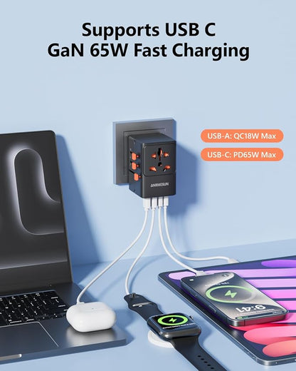 Universal Travel Adapter, International Power Adapter with 2 USB C (GaN 65W) 2 USB A Ports, All in One Worldwide Plug Adapter, Travel Essentials for USA to Europe UK Germany Italy Australia, Black