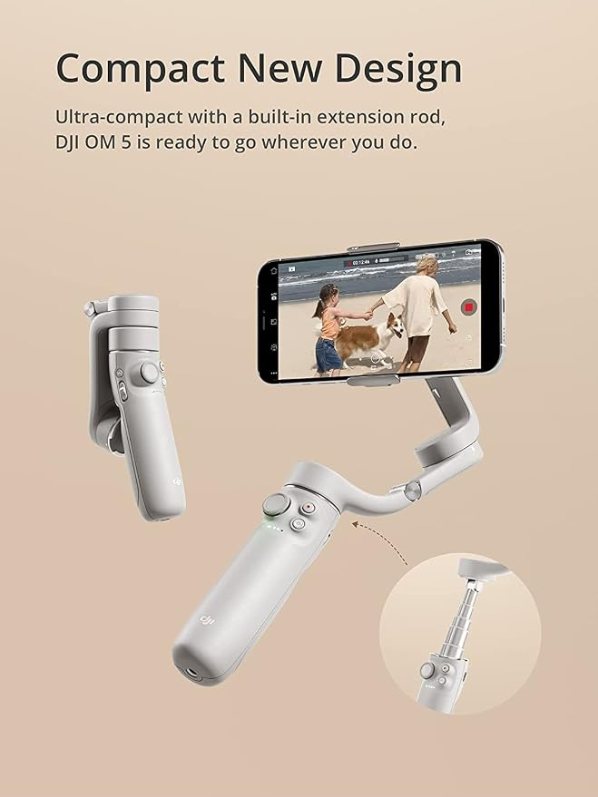 DJI OM 5 Smartphone Gimbal Stabilizer, 3-Axis Phone Gimbal, Built-in Extension Rod, Portable and Foldable, Android and iPhone Gimbal, YouTube TikTok Video, White (Renewed)