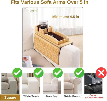 Couch Cup Holder, Sofa Armrest Tray with Drink Holder, Foldable Anti-Slip Arm Table, Cup Holder Tray for Mugs Cellphone Remote and Snacks.