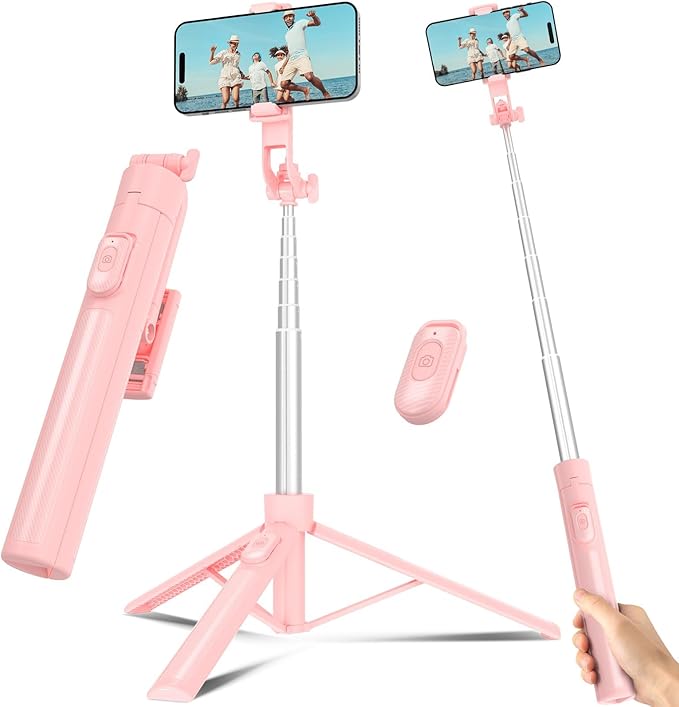 Selfie Stick Travel Tripod for Cell Phone with Remote Control and Phone Holder, Extendable Selfie Stick for iPhone, iPhone Tripod for Video Recording, 63 Inch, Pink
