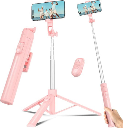 Selfie Stick Travel Tripod for Cell Phone with Remote Control and Phone Holder, Extendable Selfie Stick for iPhone, iPhone Tripod for Video Recording, 63 Inch, Pink
