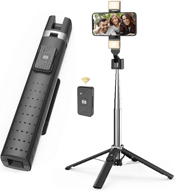 41” Selfie Stick Tripod Quadrapod with 2 Rechargeable Fill Light, Extendable Tripod with Bluetooth Remote, Stainless Steel, 3 Light Modes, 9 Brightness Levels, Compatible for All iPhone & Android