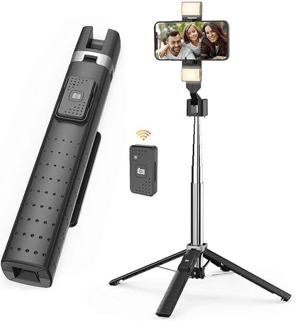 41” Selfie Stick Tripod Quadrapod with 2 Rechargeable Fill Light, Extendable Tripod with Bluetooth Remote, Stainless Steel, 3 Light Modes, 9 Brightness Levels, Compatible for All iPhone & Android