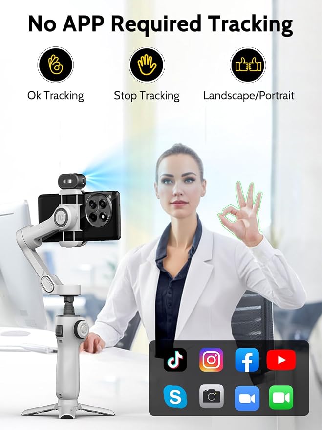 AOCHUAN Gimbal Stabilizer for Video Recording, Smartphone 3-Axis Smartphone Gimbal with AI Tracking Sensor for Vlogging,7.8' Extension Rod,Trigger Button,YouTube Tiktolk(Smart V8 AI White)