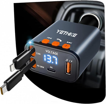 Bluetooth Car Adapter with Retractable Charger,[Upgrade] Bluetooth 5.4 FM Transmitter for Cars, 4 in 1 Fast Car Charger 69W, Handsfree Call, 2*Retractable Cable for iPhone 17/16/15/14, Galaxy-Gray