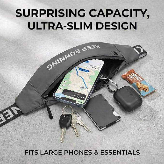 Slim Running Waist Pack for Women Men, Large Capacity Waist Belt with Organized Compartments, No-Bounce Secure Fit for Cycling, Hiking, Climbing Adventure & Reflective Safety Night Running-Gery
