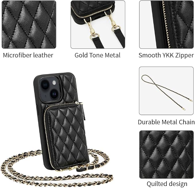 LAMEEKU for iPhone 15 Wallet Case, Crossbody RFID Blocking Card Holder Case, Quilted Leather Zipper Pouch, Wrist Strap Lanyard Chain Handbag Purse Cover Gift for Women for Apple iPhone 15 6.1" Black