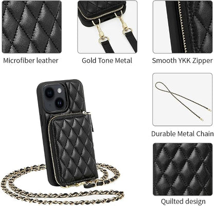 LAMEEKU for iPhone 15 Wallet Case, Crossbody RFID Blocking Card Holder Case, Quilted Leather Zipper Pouch, Wrist Strap Lanyard Chain Handbag Purse Cover Gift for Women for Apple iPhone 15 6.1" Black