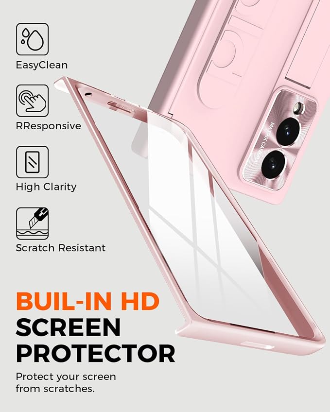 NINKI Screen Protector for Samsung Galaxy Z Fold 8 Phone Case with Hand Strap, Cute Kickstand for Samsung Z Fold 8 Finger Holder Cover, Hinge Protective Cover for Galaxy Fold 8 Case Womens Girls Pink