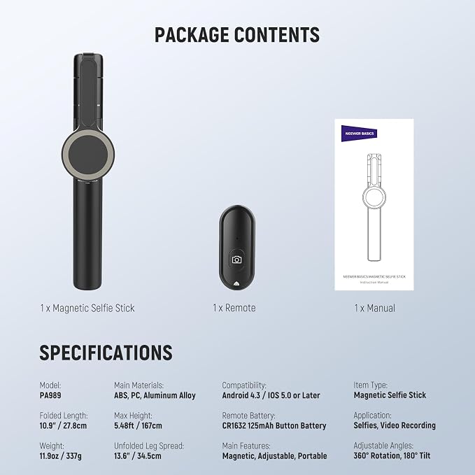 NEEWER Basics 5.48' Magnetic Selfie Stick Tripod Compatible with MagSafe iPhone Android, Portable Travel Cell Phone Stand with Remote, One Button Unfold for Vlog Video Recording Streaming, PA989