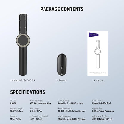 NEEWER Basics 5.48' Magnetic Selfie Stick Tripod Compatible with MagSafe iPhone Android, Portable Travel Cell Phone Stand with Remote, One Button Unfold for Vlog Video Recording Streaming, PA989