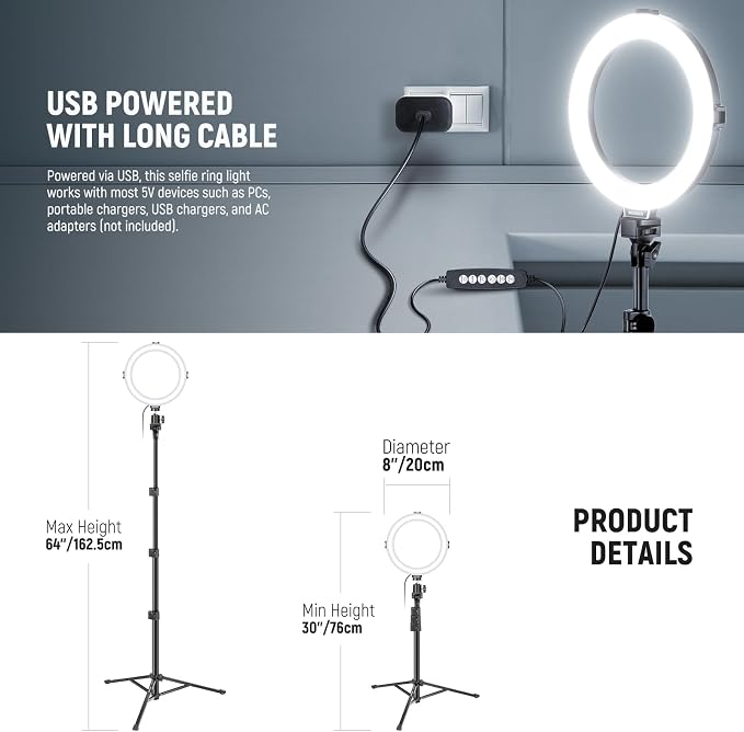 NEEWER Basics 8" RGB LED Ring Light with Tripod Stand, 7 Modes/3200-6500K/10 Dimming Levels, Phone Holder Selfie Ringlight Lighting for iPhone TikTok Vlog Makeup Video Recording Streaming, R08