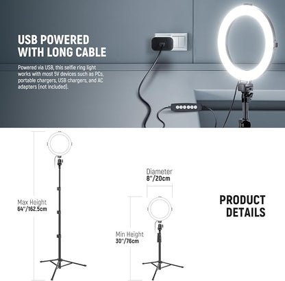 NEEWER Basics 8" RGB LED Ring Light with Tripod Stand, 7 Modes/3200-6500K/10 Dimming Levels, Phone Holder Selfie Ringlight Lighting for iPhone TikTok Vlog Makeup Video Recording Streaming, R08