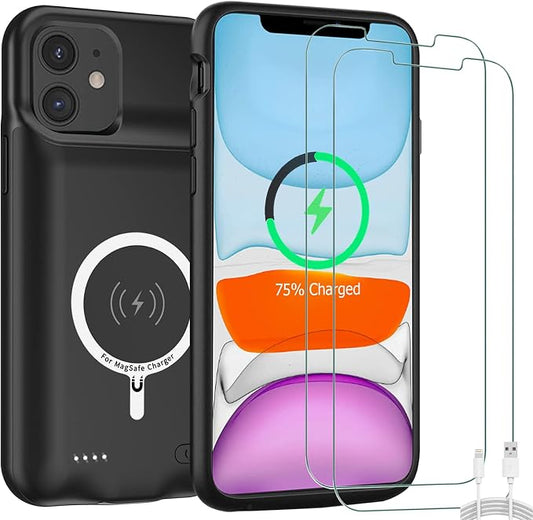 Battery Case for iPhone 11, Upgraded 10000mAh High-Capacity Protective Rechargeable Extended Battery Charger Cover Compatible with iPhone 11 (6.1 inch) Wireless Charging Case Support Carplay - Black