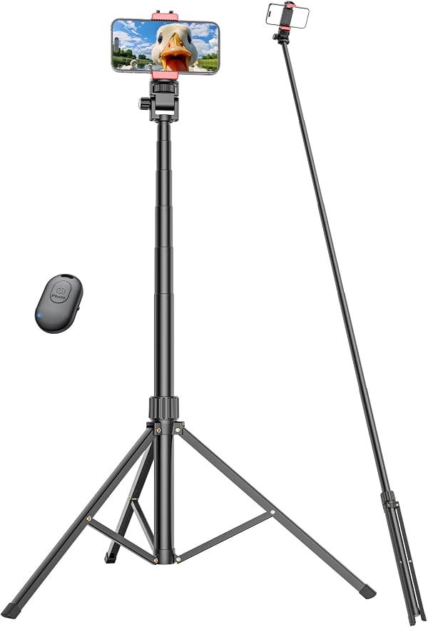 Pnitri 71'' Phone Tripod Stand, Extendable Reinforced Aluminum Phone Stand with Wireless Remote, Stable Cellphone Tripod (210cm-Black)