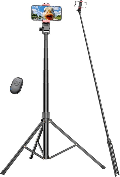 Pnitri 71'' Phone Tripod Stand, Extendable Reinforced Aluminum Phone Stand with Wireless Remote, Stable Cellphone Tripod (210cm-Black)