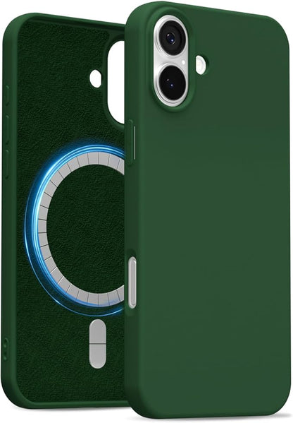 for iPhone 16 Plus Case Silicone Compatible with Magsafe Case, Ultra Slim Thin Magnetic Phone Cases Mag Safe, Cute Soft Rubber Gel TPU Matte Plain Wireless Charging Cover for Women, Dark Green