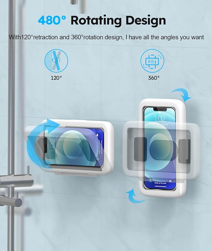 Waterproof, Upgraded IPx7 Wall Mount Phone Case, 480° Rotation, HD Touchscreen, Perfect Bathroom Shower Accessories for 4-7” Phones-Write White