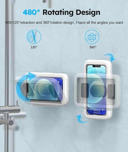 Waterproof, Upgraded IPx7 Wall Mount Phone Case, 480° Rotation, HD Touchscreen, Perfect Bathroom Shower Accessories for 4-7” Phones-Write White
