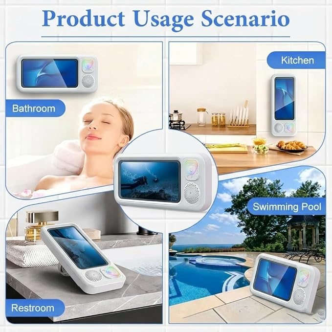 Shower Phone Holder Waterproof with Speaker and Key Control, Wall-Mounted Water Proof Anti Fog Case, Built-In Wireless Speaker, 360° Rotatable, Extendable and Adjustable, Waterproof Screen Touch,White