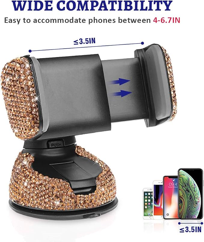 eing Car Phone Mount Cell Phone Holder with One More Air Vent Base,Bling Crystal Universal Phone Mount Holder Cradle for Dashboard,Windshield and Air Vent,Gold