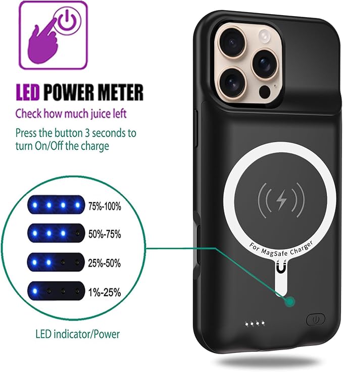 Wireless Charging Case for iPhone 16 Pro Max, 12000mAh High Capacity Portable Rechargeable Battery Case Qi Wireless Charging with iPhone 16 Pro Max (6.9 inch) Extended Battery Charger Cover(Black)