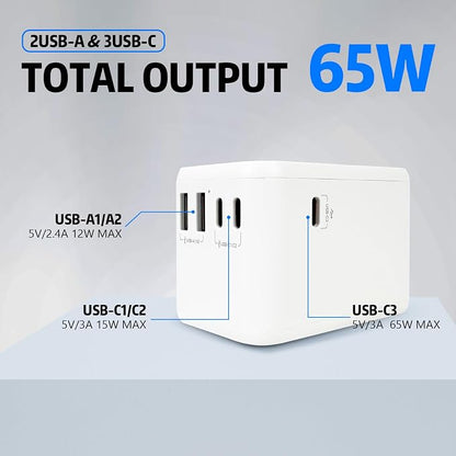 EP 65W International Travel Adapter, Universal Power Charger Outlet with 3 USB-C and 2 USB-A Ports, Worldwide Plug Adaptor Wall Charger, Compatible with US/CA/EU/UK/AU/JP ＆ 150+ Countries - White