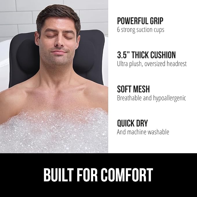 GORILLA GRIP Bath Pillow for Tub, 6 Strong Suction Cups, 4D Mesh FlexComfort Headrest for Neck, Head and Back Support, Luxury Machine Washable Pillows, Bathtub Accessories, Spa Gifts for Women, Black