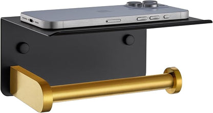 APLusee Black Gold Toilet Paper Holder with Phone Shelf, 304 Stainless Steel Bathroom Paper Holder Wall Mounted, Heavy Duty Tissue Roll Dispenser