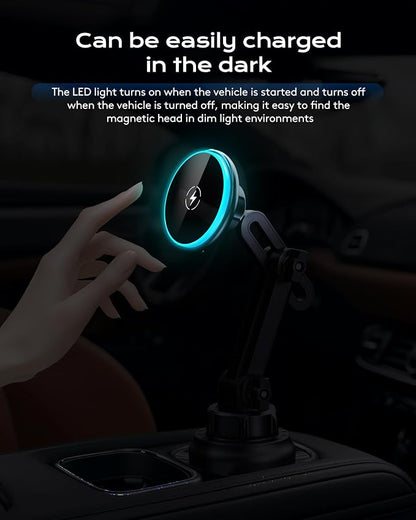 Magnetic Cup Phone Holder Car Wireless Charger for MagSafe, 15W Fast Charging Car Mount Stand for iPhone 16 Pro Max/15/14/13/12, Cupholder Expander, LED Light Ring, Strong N52 Magnets