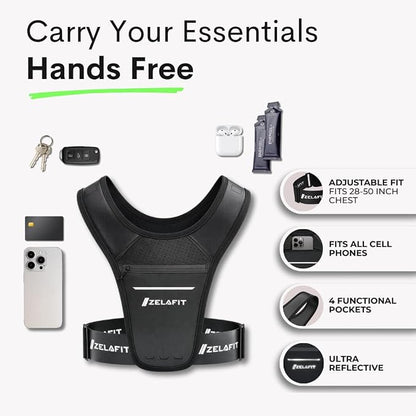 ZelaFit™ Running Phone Holder Vest for Women & Men – Lightweight Running Gear and Everyday Running Essentials – Chest Rig Phone Holder for Running (Black)