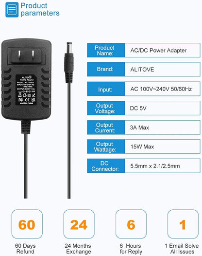 ALITOVE 5V 3A 15W AC 100V~240V to DC Power Supply Adapter Converter 5.5X 2.5mm 5.5x2.1mm Plug for WS2812B WS2811 WS2801 SK6812 LED Pixel Strip Light CCTV Camera Security System
