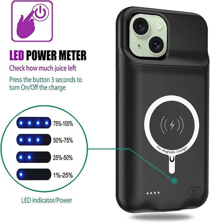 Wireless Charging Case for iPhone 15 Plus, 12000mAh High Capacity Portable Rechargeable Battery Case Wireless Charging Compatible with iPhone 15 Plus (6.7 inch) Extended Battery Charger Case (Black)