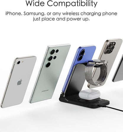 3 in 1 Charging Station for Multiple Devices,Travel Wireless Charging Station, Foldable Charger for iPhone 16/15/14/13/12/SE/11/X/8 Series,& Android Phone,& AirPods,& iWatch (Adapter Not Included)