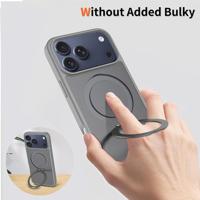 Ultra-Magnetic Stand for iPhone 17 Pro Max Case [Military Drop Protection] [Compatible with MagSafe] Shockproof Translucent Matte Slim Ring Holder Case for iPhone 17 Pro Max (Gray)