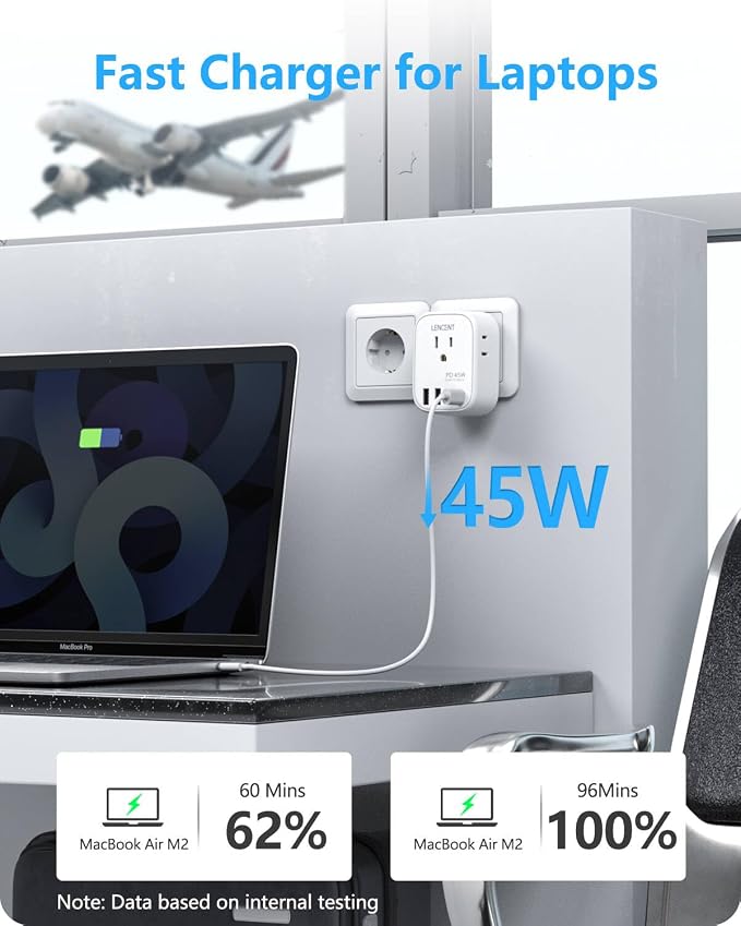 LENCENT Germany France Travel Power Adapter, PD 45W USB C Fast Charger | Schuko Type E F Plug Adapter with 4 Outlets, Travel Essentials for US to Europe EU Spain Greece Russia Germany South Korea