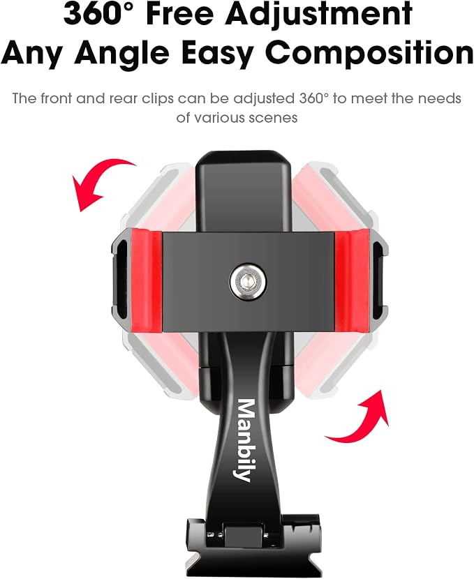 Manbily Phone Tripod Mount Adapter, 360° Rotatable Dual Cell Phone Holder Clip, Adjustable Clamp with 4 Cold Shoe, for Tripod Monopod Selfie Stick Vlog Live Streaming Video Recording