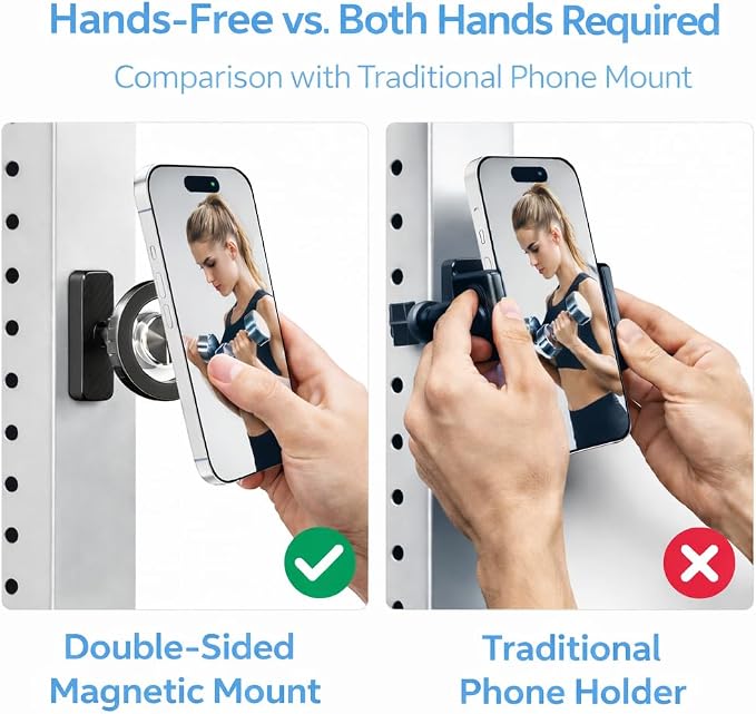 LEPHYON Magnetic Phone Holder for Gym, Ultra Strong Magnet Phone Mount for Exercise Equipment, Compatible with iPhone Samsung All Cell Phones, Adjustable 360° Rotation, No-Slip Workout Accessory